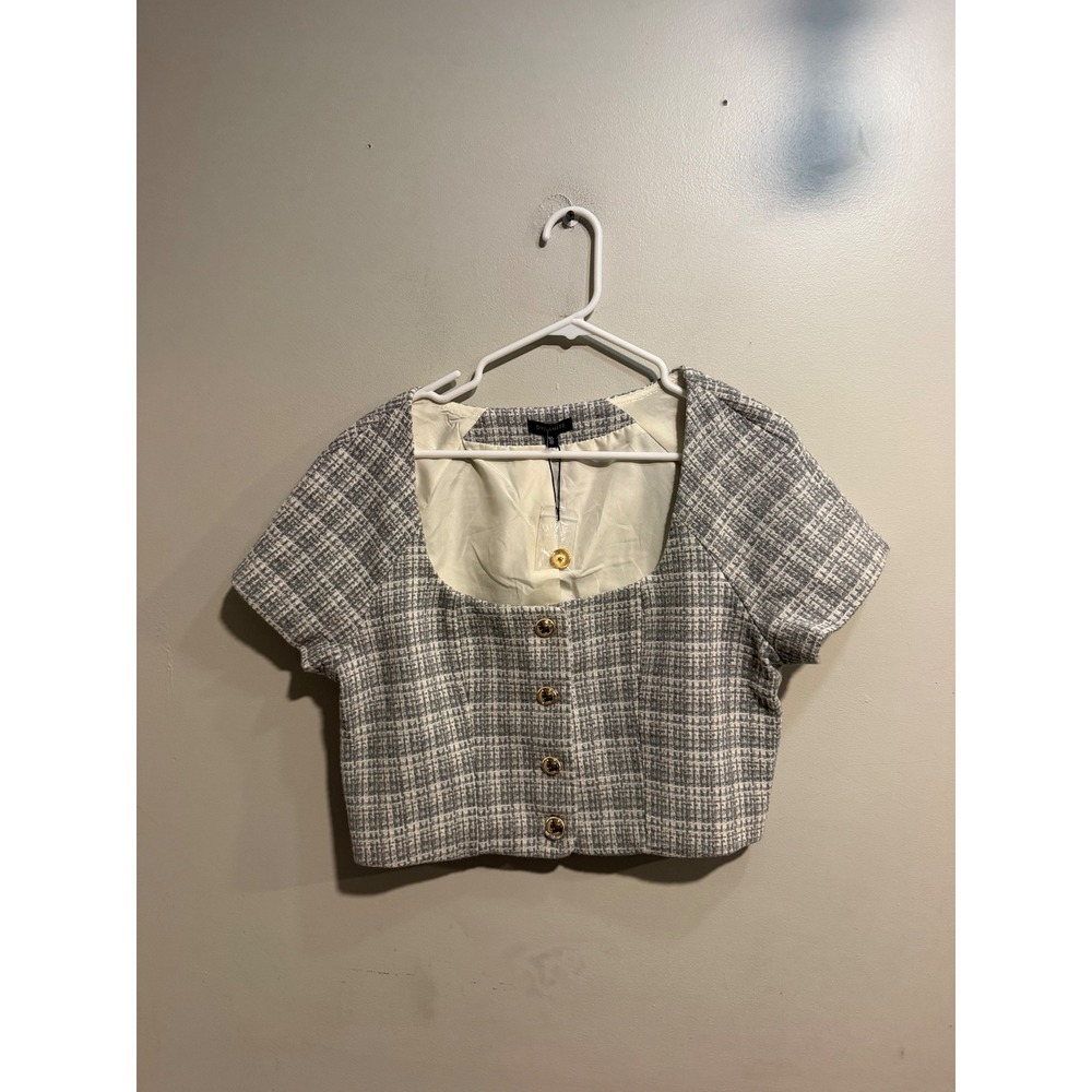 Dynamite Grey White Plaid Tweed Cropped Top Gold Button Square Neck Large
